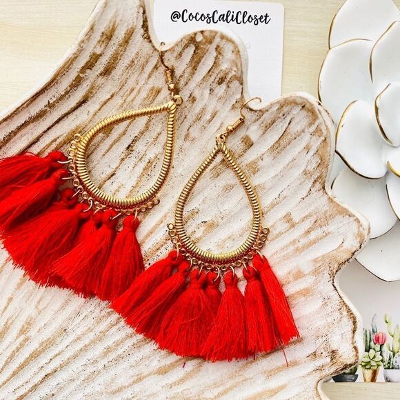 Boho Tassel Drop Hoop Earrings NWT - Picture 2 of 4